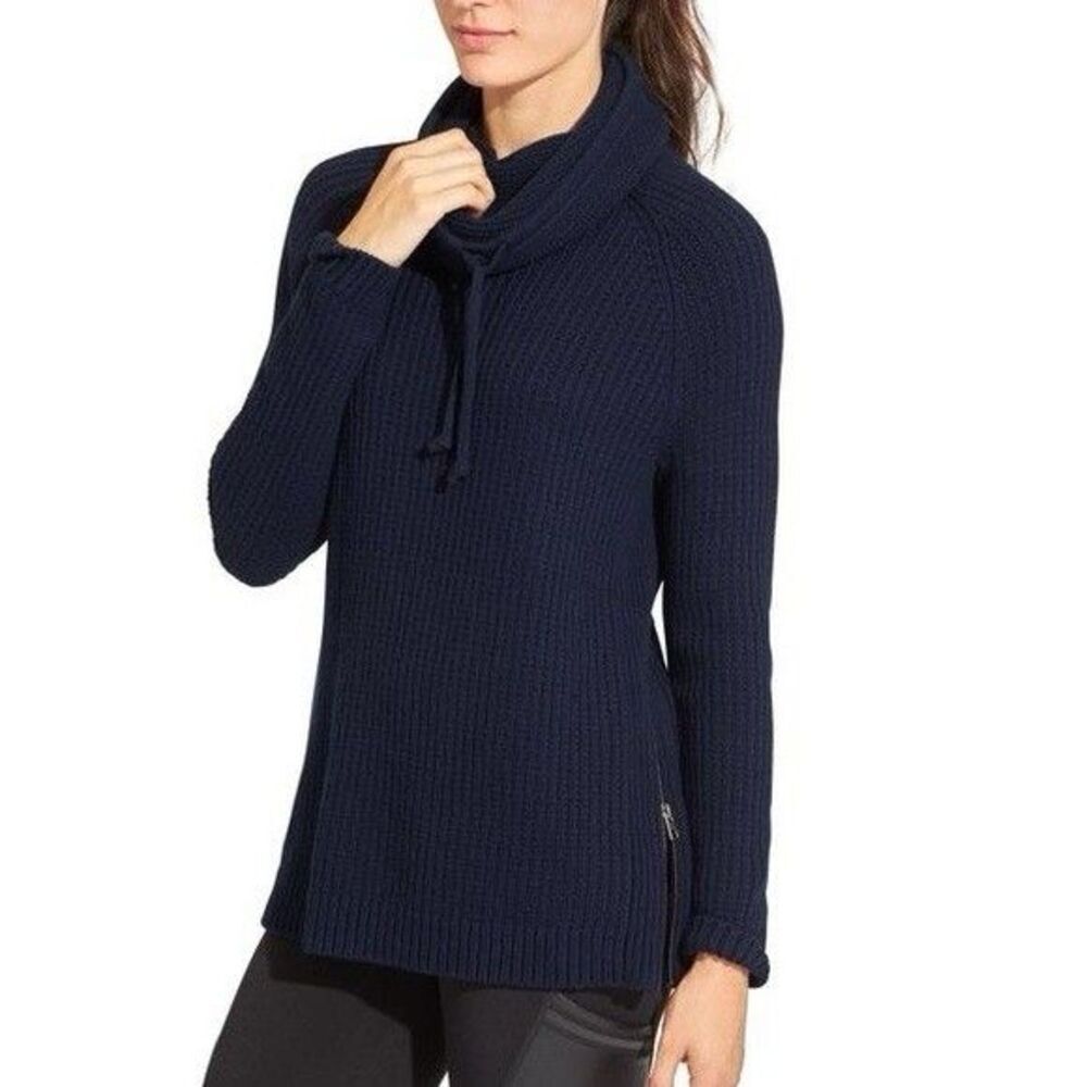 ATHLETA S Borealis Cowl Neck Sweater Women Navy Chunky Merino Wool Knit Side Zip